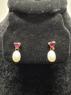 Sterling Heart & Pearl Drop Earrings With Ruby Accents For Elegant Style